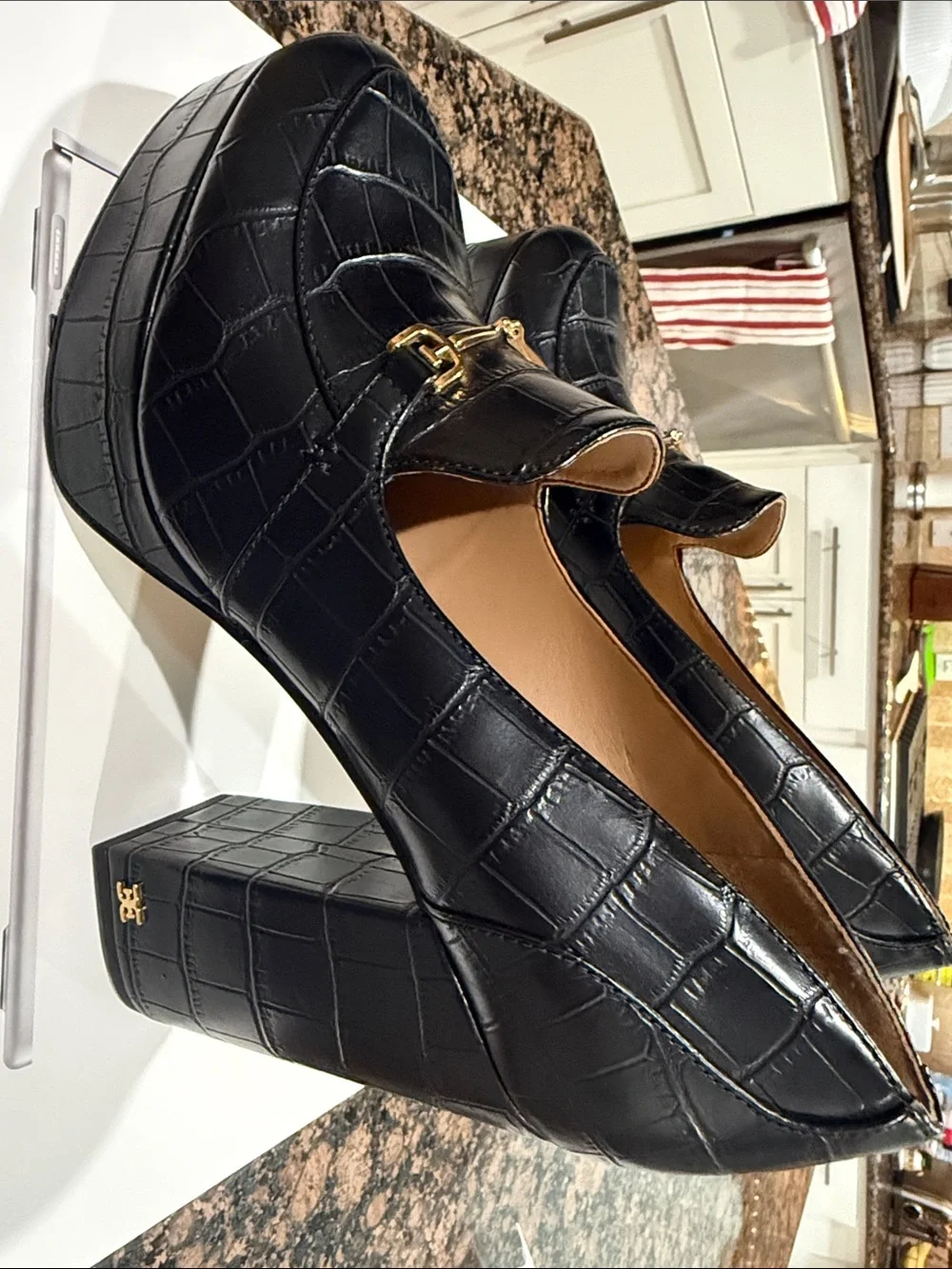 Sam Edelman Black Croc-Embossed Platform Loafers with Gold Bit